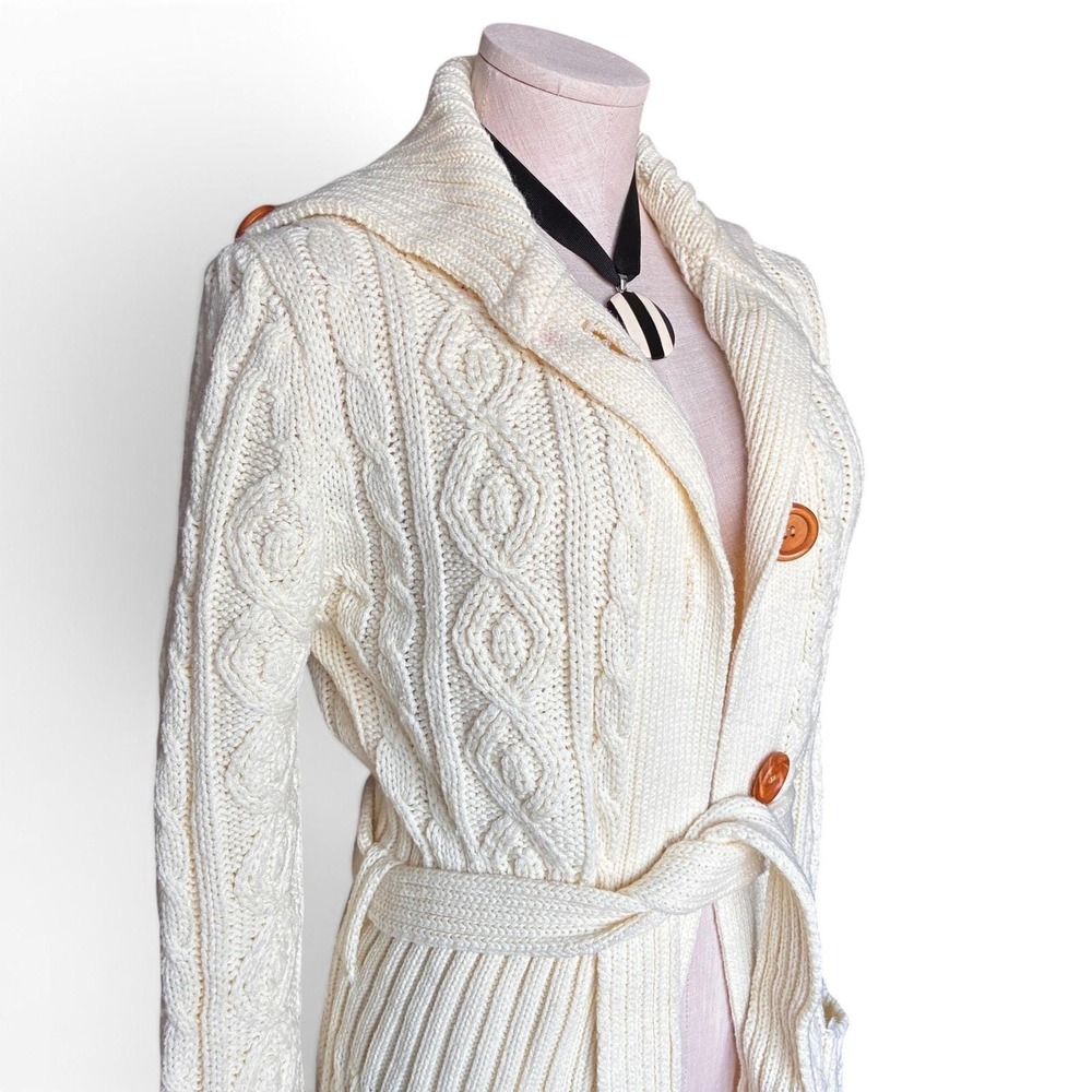 Vintage 70s Longline Cable Knit Sweater Cream Belted Shawl Collar - Picture 4 of 9